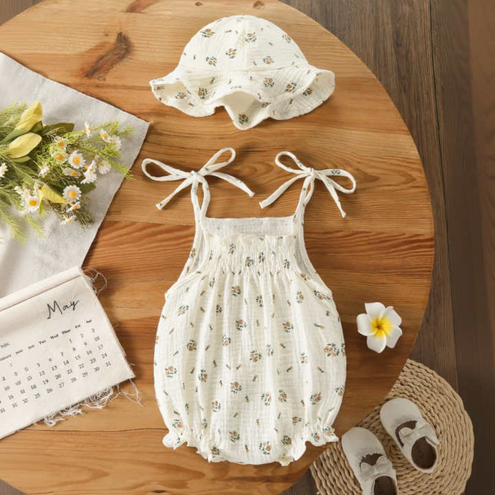 Rose-print baby bodysuit and matching brimmed hat laid flat