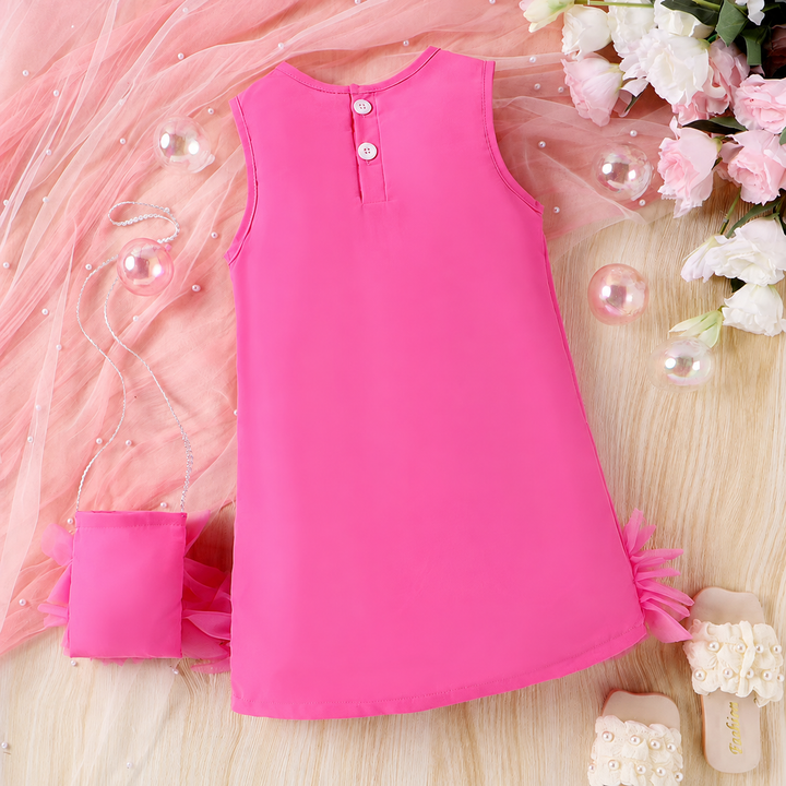 Back of the rose red party dress showing two neckline buttons and the matching bag