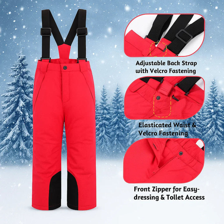 Rosé red ski pants with close-ups of the adjustable straps, elasticized waist and front zipper.