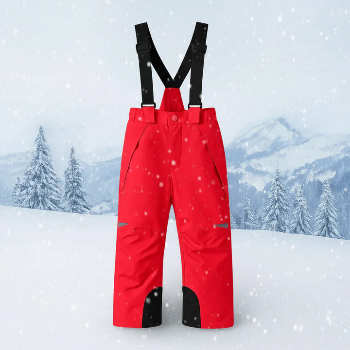 Front view of rosé red ski pants with black adjustable suspenders and dark inner-leg panels.