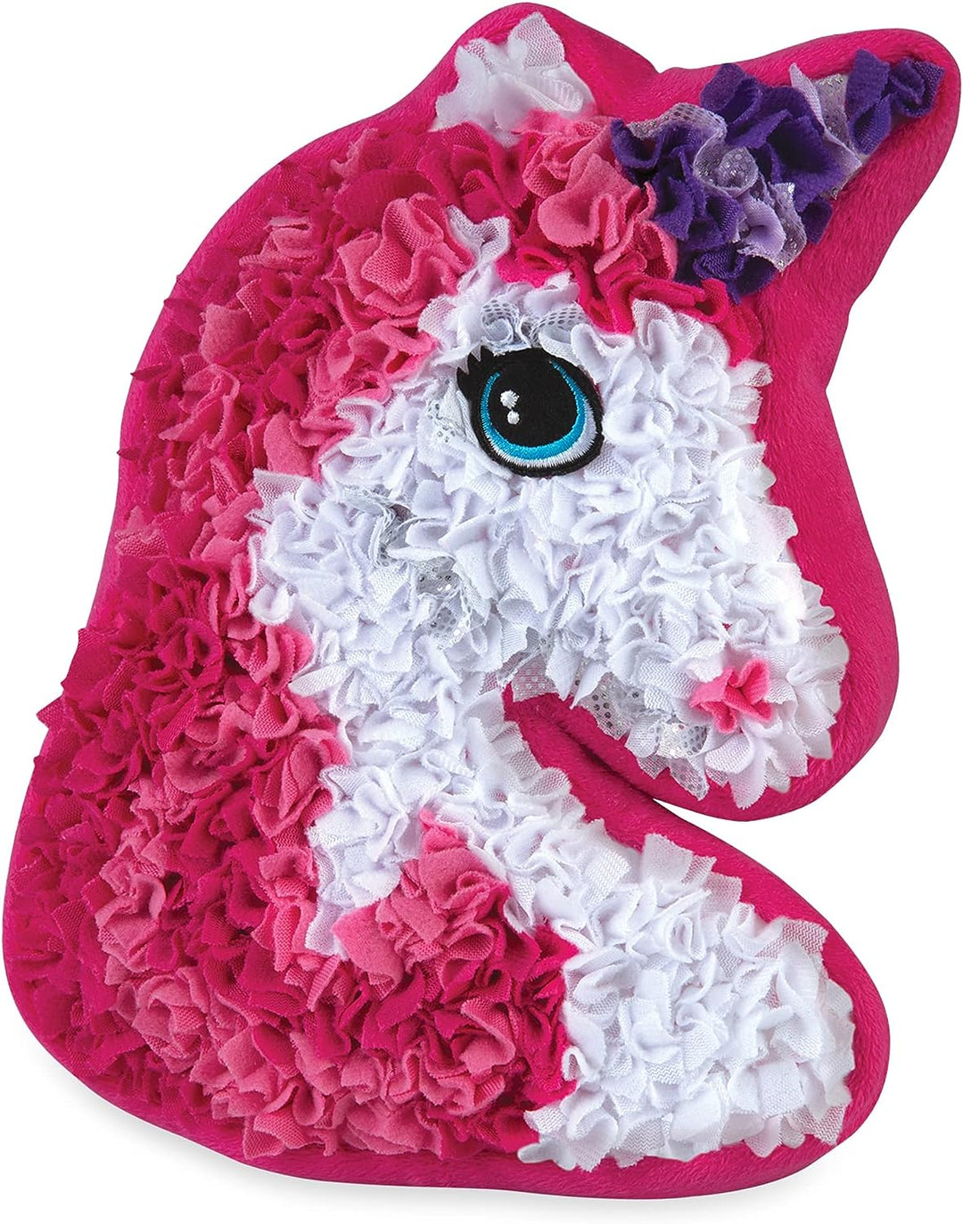 Unicorn-shaped plush pillow with pink and white fabric tufts, a purple horn, and a blue eye.