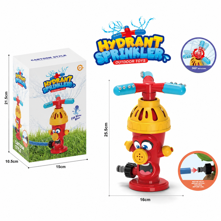 Hydrant sprinkler with blue rotating spray arms, a hose connector, and dimension labels