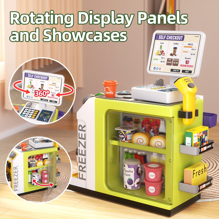 Supermarket play set showing a rotating checkout display and grocery shelves