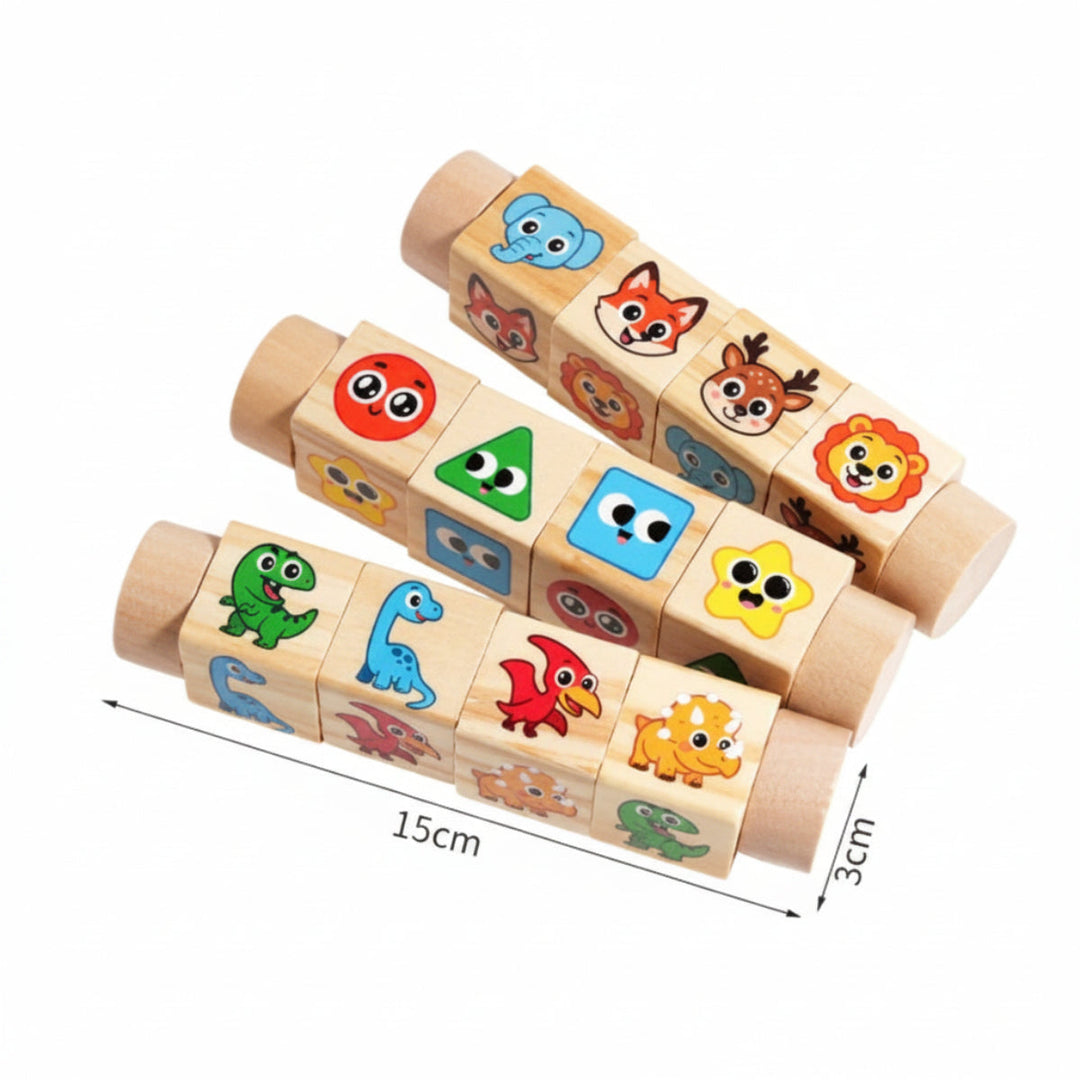 Wooden rotating cube puzzles with a dimension graphic labeled 15 cm by 3 cm