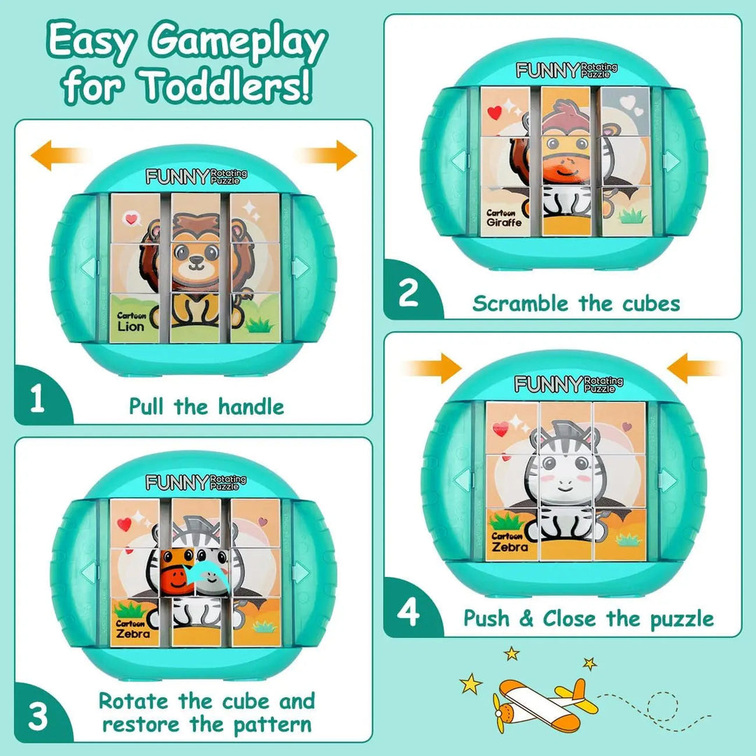 Four-step guide to opening the frame, turning the cubes, matching a picture, and closing the puzzle