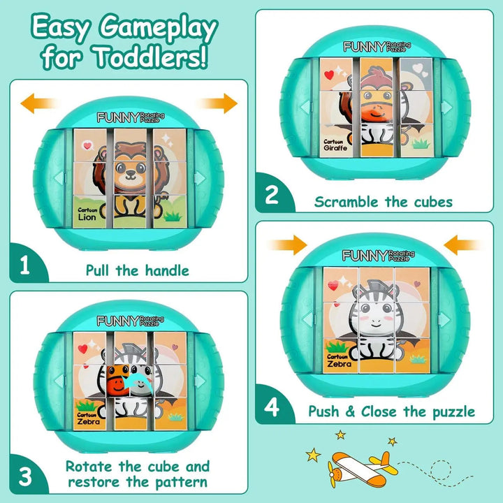 Four-step guide to opening the frame, turning the cubes, matching a picture, and closing the puzzle