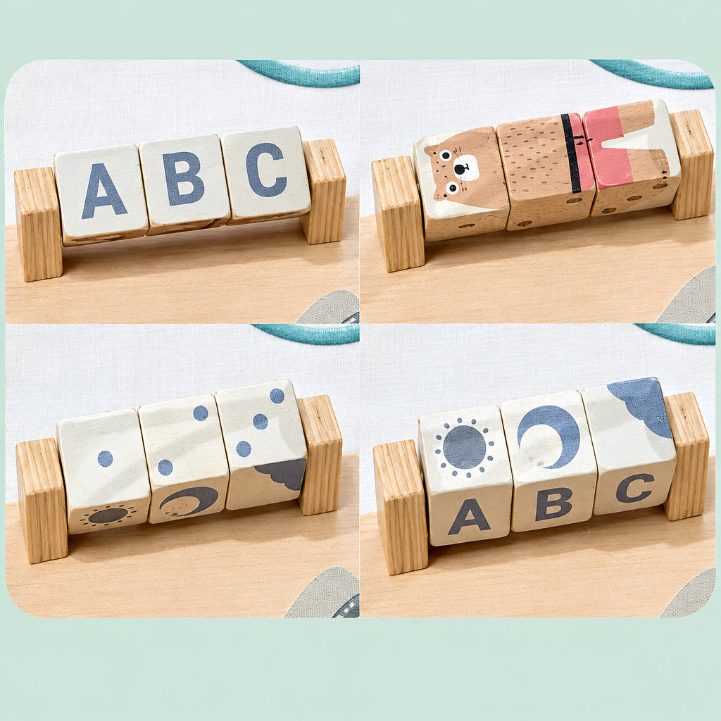 Wooden letter blocks showing ABC, animal pictures, counting dots, and weather symbols