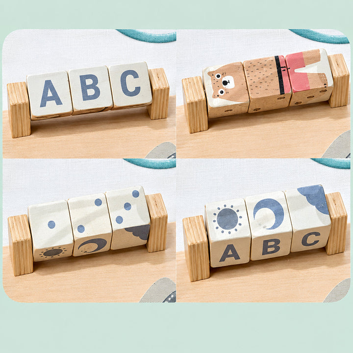 Wooden letter blocks showing ABC, animal pictures, counting dots, and weather symbols