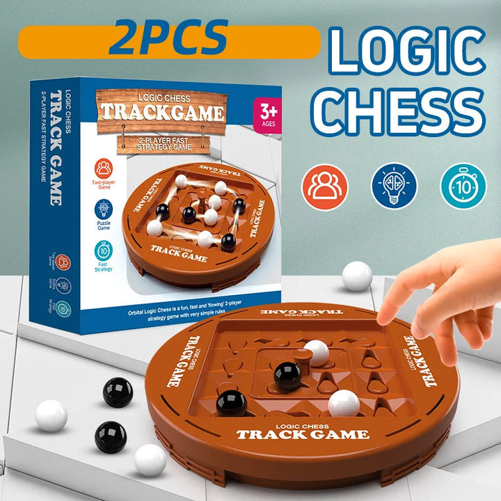 Rotating marble game board with its retail box and a hand demonstrating play