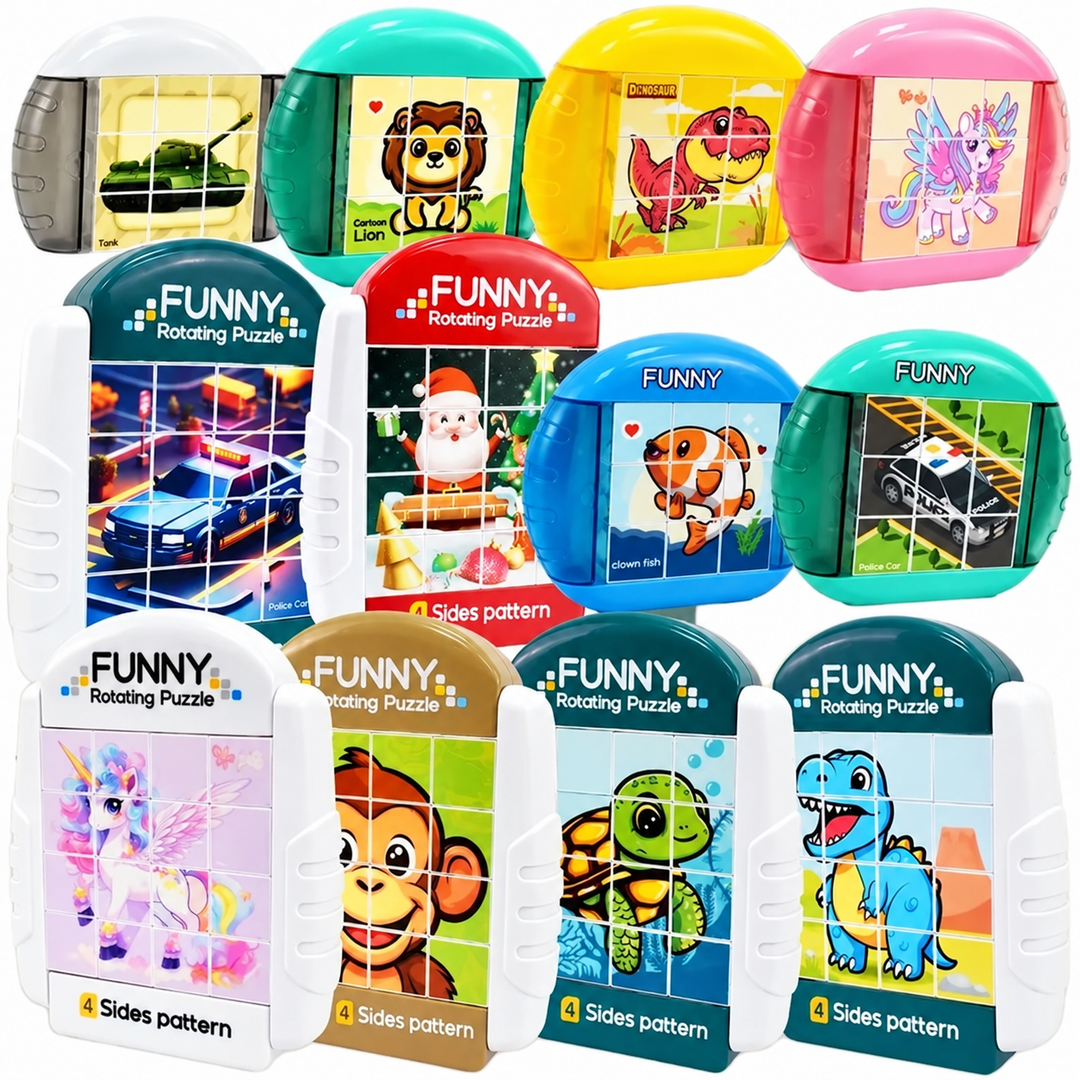 Assortment of colorful rotary picture puzzles in rounded nine-cube and rectangular sixteen-cube designs
