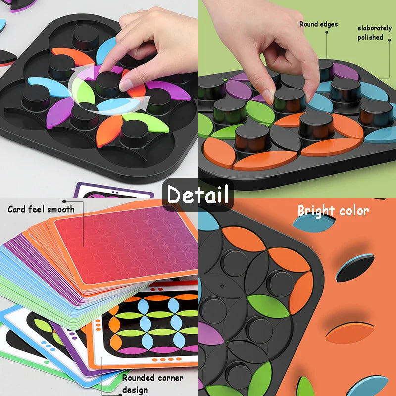 Close-up views of the rotating puzzle wheels, colored pieces, and pattern cards