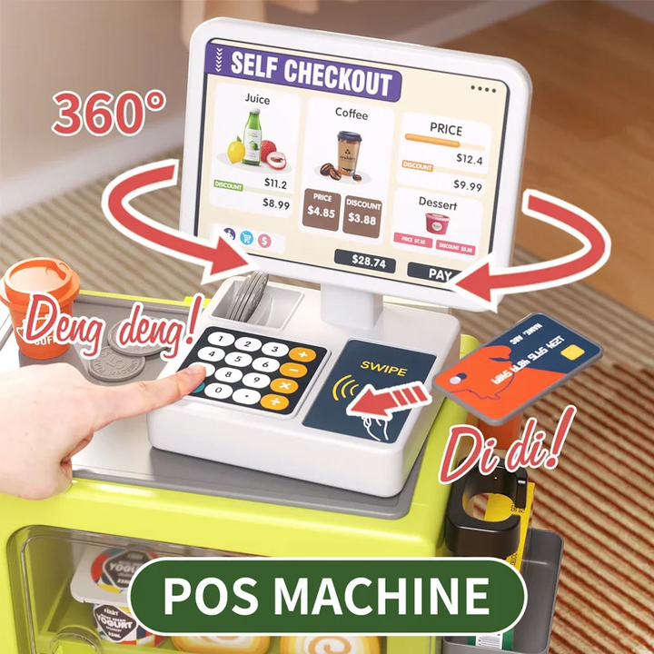 Toy cash register with a rotating display, keypad and pretend payment card