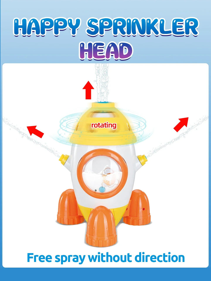 Yellow rocket sprinkler diagram showing the rotating head and upward and outward spray directions