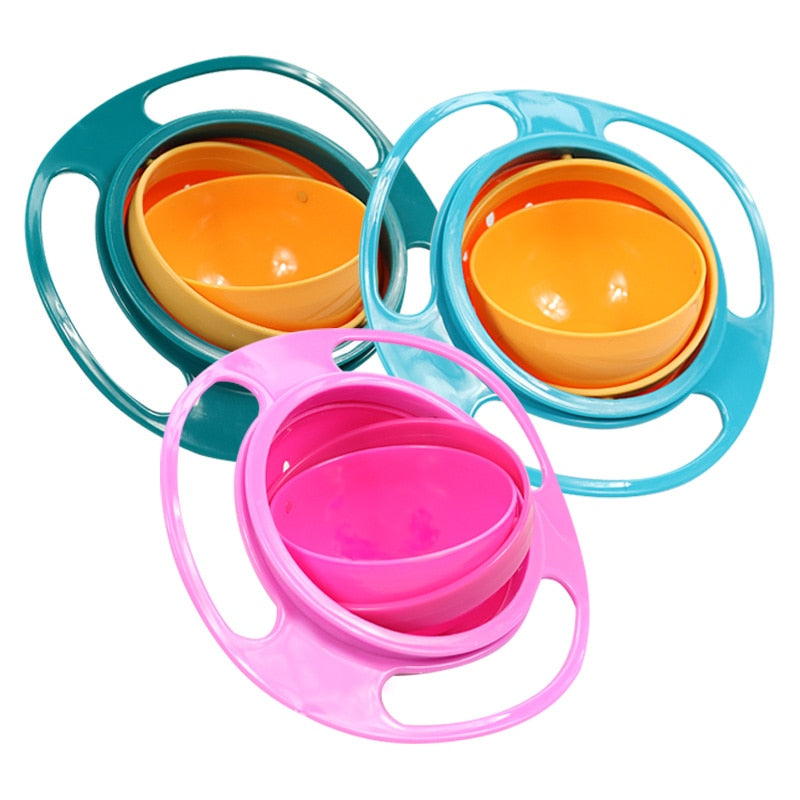 Green, blue and pink rotating snack bowls with three-handle outer frames