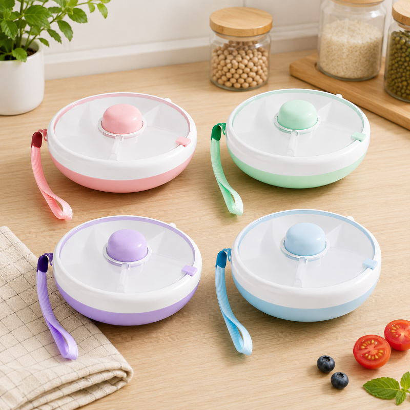 Round snack boxes in pink, green, purple, and blue with clear lids and wrist straps