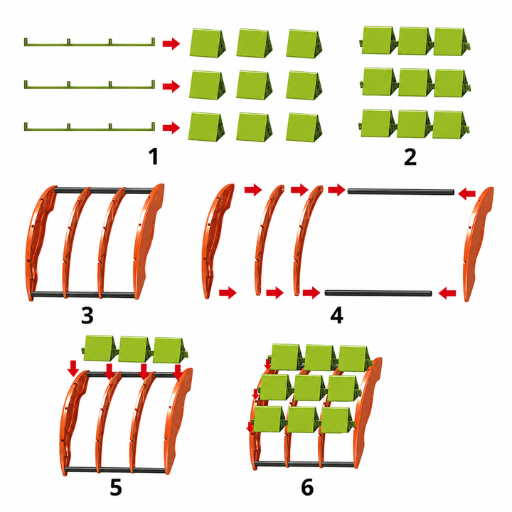 Step-by-step assembly diagram for the rotating tic-tac-toe blocks and frame