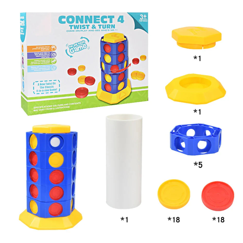 Game components showing five blue rings, a white tube, yellow top and base, and 18 counters in each color.