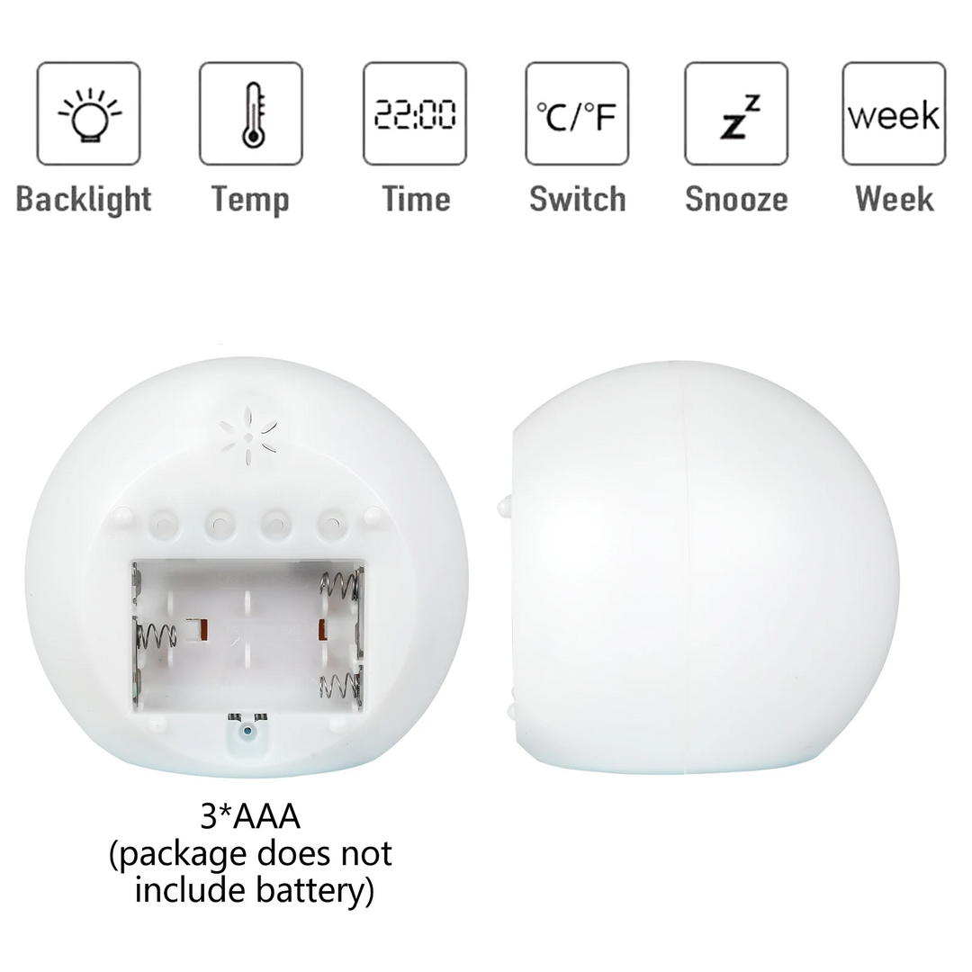 Rear views of the round alarm clock showing its battery compartment and feature icons.