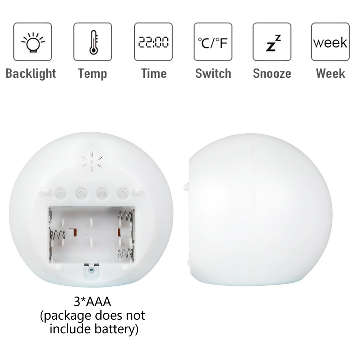 Rear views of the round alarm clock showing its battery compartment and feature icons.