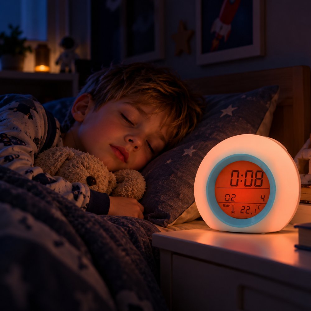 A child sleeping beside a round alarm clock with an orange glow on the nightstand.