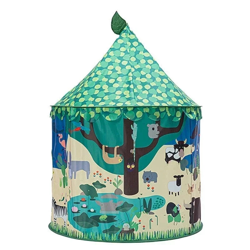 Round animal-print play tent with a pointed green leaf-patterned roof