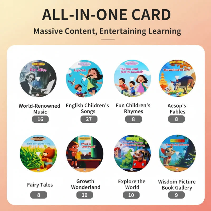 Round audio cards grouped into eight topics, including music, songs, rhymes, fables, and fairy tales