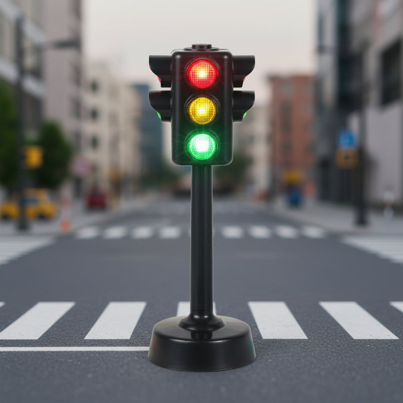 Black traffic-light model with red, yellow, and green lenses on a round base.