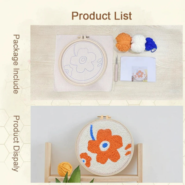 Round floral embroidery kit contents shown above a finished orange flower design.