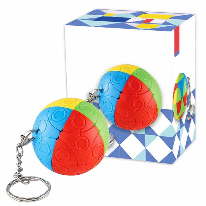 Multicolor round puzzle key ring with circular details beside its box