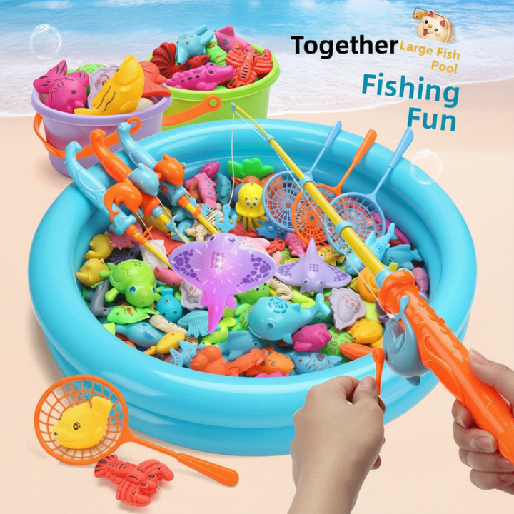 Magnetic fishing rods and nets arranged with colorful sea-creature toys in a round pool.