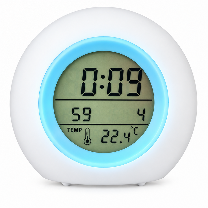 Round white digital alarm clock with a blue display ring and temperature readout.