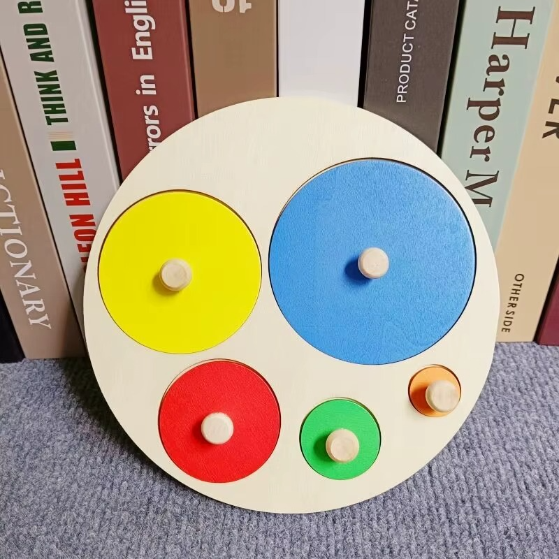 Round wooden peg puzzle with five colorful circles in different sizes