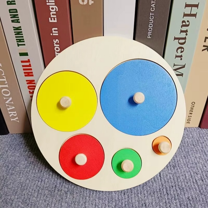 Round wooden peg puzzle with five colorful circles in different sizes
