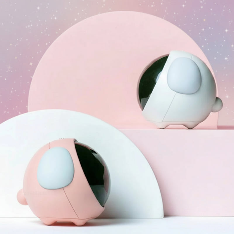 Side and rear views of the white and pink rounded alarm clocks