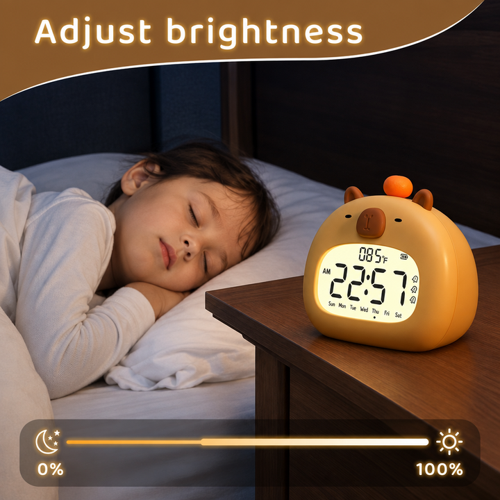 Rounded capybara night light clock beside a sleeping child with a brightness adjustment graphic.