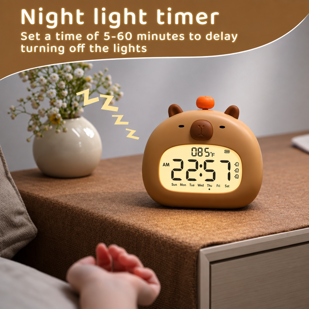 Rounded capybara alarm clock on a bedside table with a night light timer graphic.