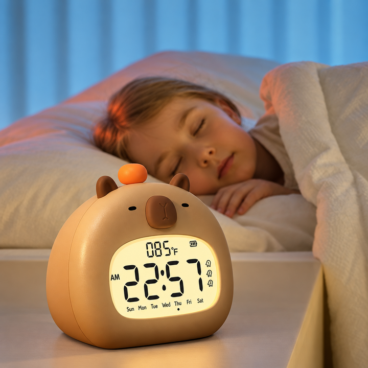 Rounded capybara digital alarm clock on a nightstand beside a sleeping child.