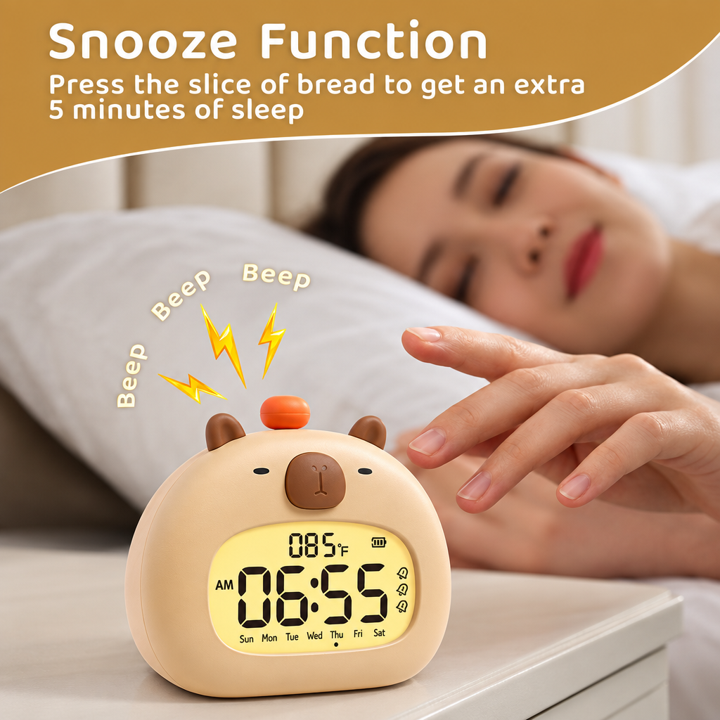Hand reaching toward the top button of a rounded capybara alarm clock beside a sleeping adult.