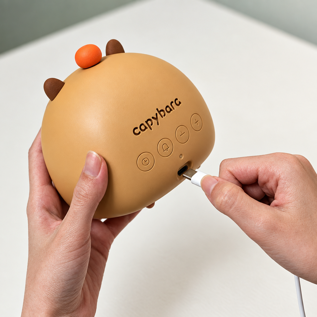Hands connecting a charging cable to the back of the rounded capybara alarm clock.