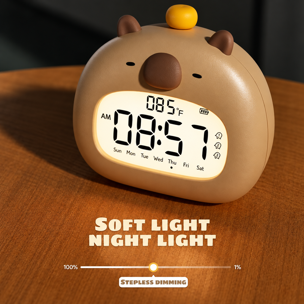 Rounded capybara clock glowing on a wooden table with a dimming level graphic.