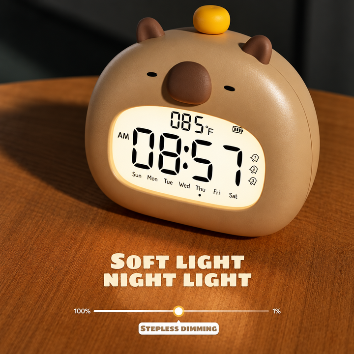 Rounded capybara clock glowing on a wooden table with a dimming level graphic.