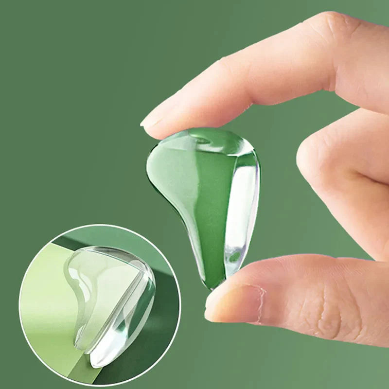 Hand holding a rounded clear corner cover beside an inset showing it fitted to furniture