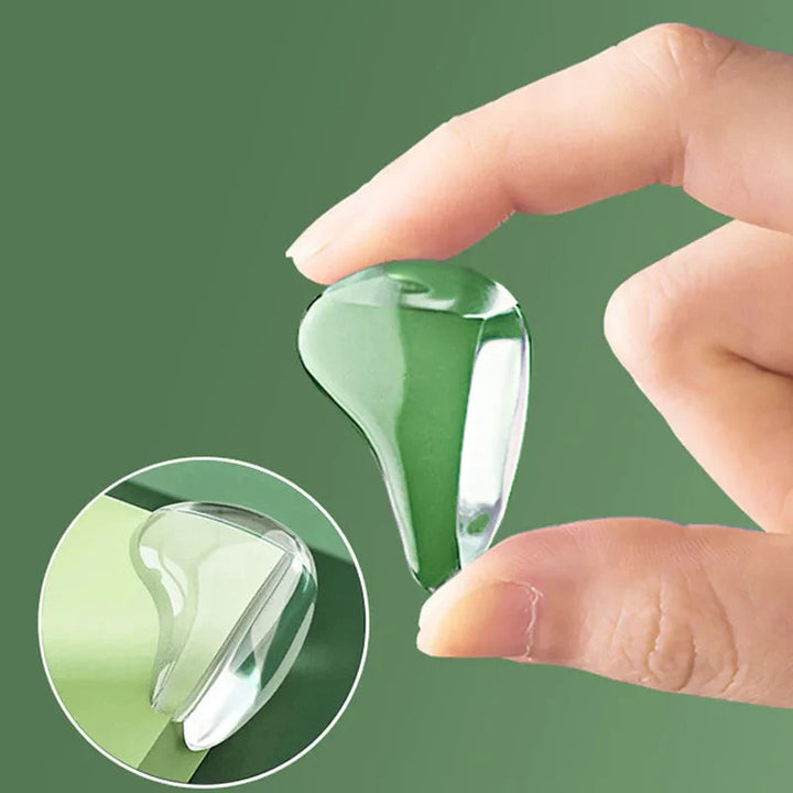 Hand holding a rounded clear corner cover beside an inset showing it fitted to furniture