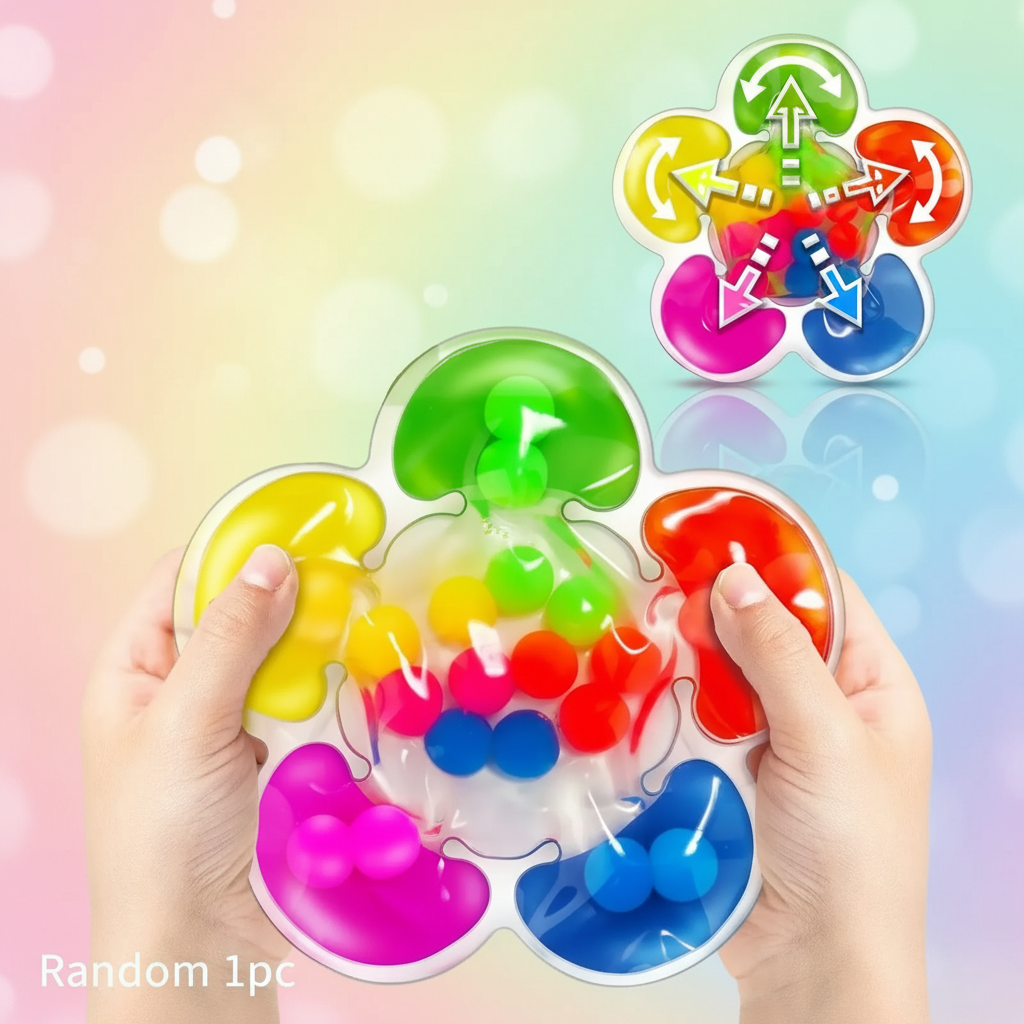 Hands squeezing a multicolor gel bead maze with rounded lobes