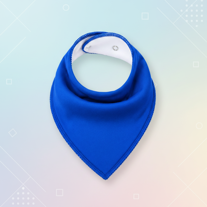 Royal blue cotton bandana bib with a white inner lining and snap buttons