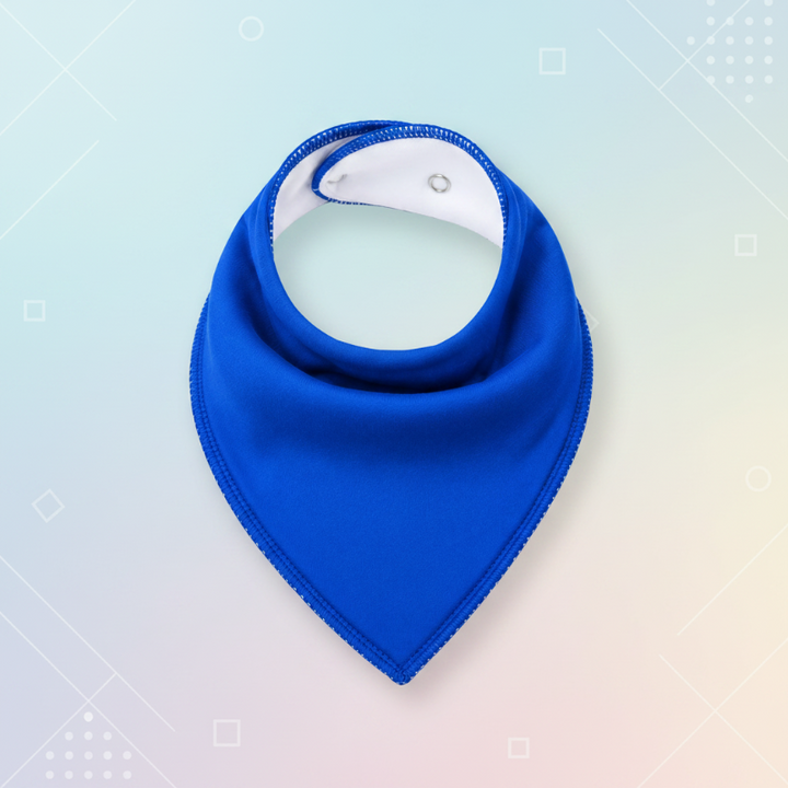 Royal blue cotton bandana bib with a white inner lining and snap buttons