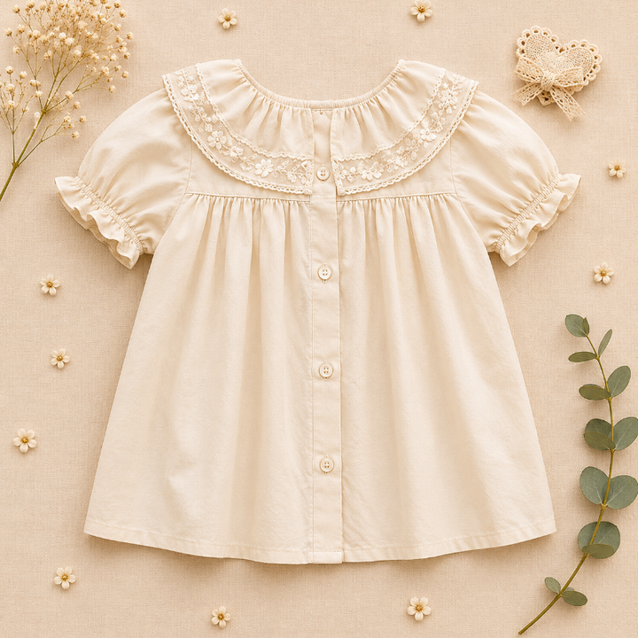 Back view of the ivory blouse showing the full button closure and ruffled collar