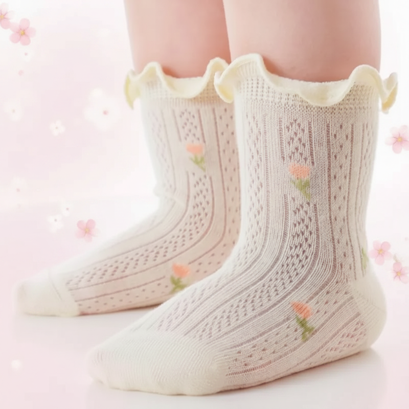 White floral socks with pointelle knit and ruffled cuffs worn on a child&