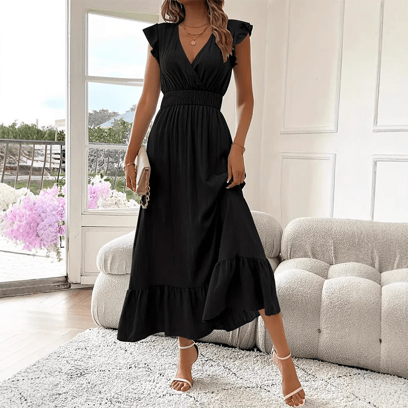 Ruffle Detail Maxi Dress Defined Waist V Neck Product Image 01