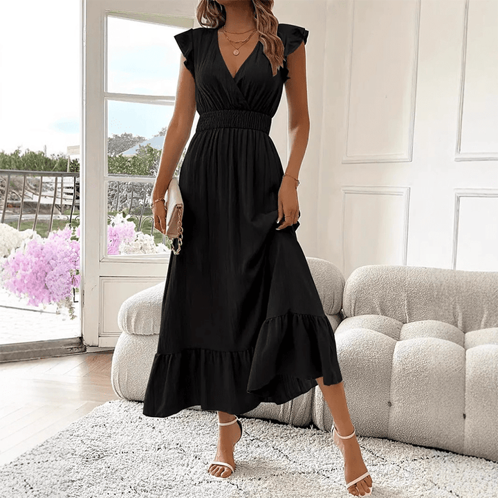 Ruffle Detail Maxi Dress Defined Waist V Neck Product Image 01